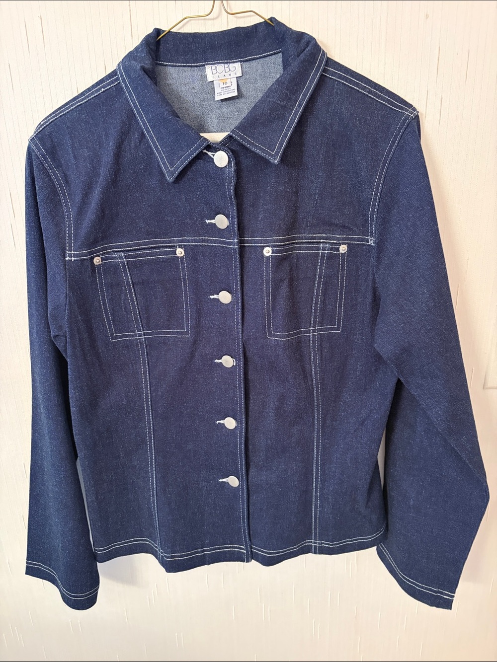 BCBG Navy Blue Denim Trucker Jacket with White Topstitching